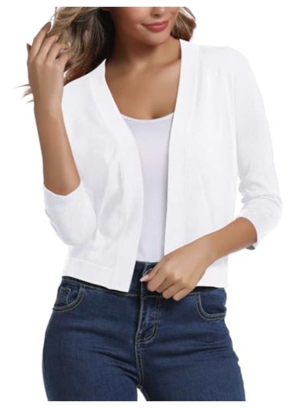 Women's Cropped Cardigan Sweater 3/4 Sleeve Shrug Ribbed